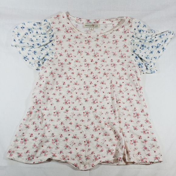 Penelope Rose Shirt Womens‎ Small White Pink Blue Floral Puff Sleeve Cottagecore - Picture 1 of 5